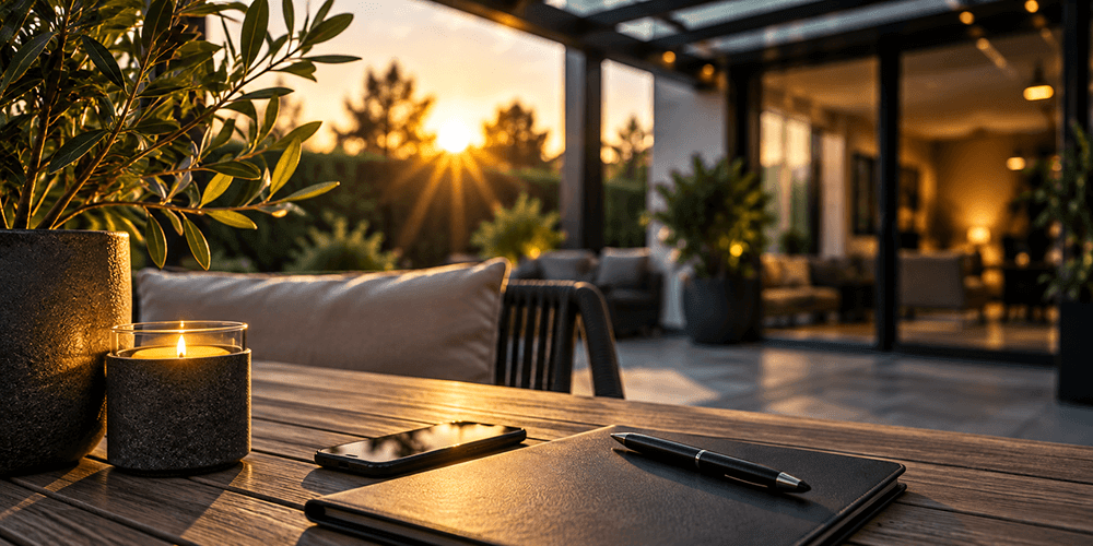 Kontakt zu GAD Systeme Terrasse mit Sitzbereich bei warmem Abendlicht