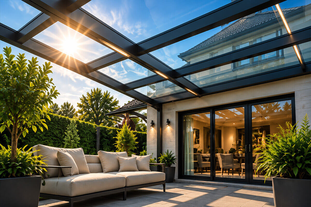 Glasdach einer Terrassenüberdachung Glasdach einer modernen Terrassenüberdachung