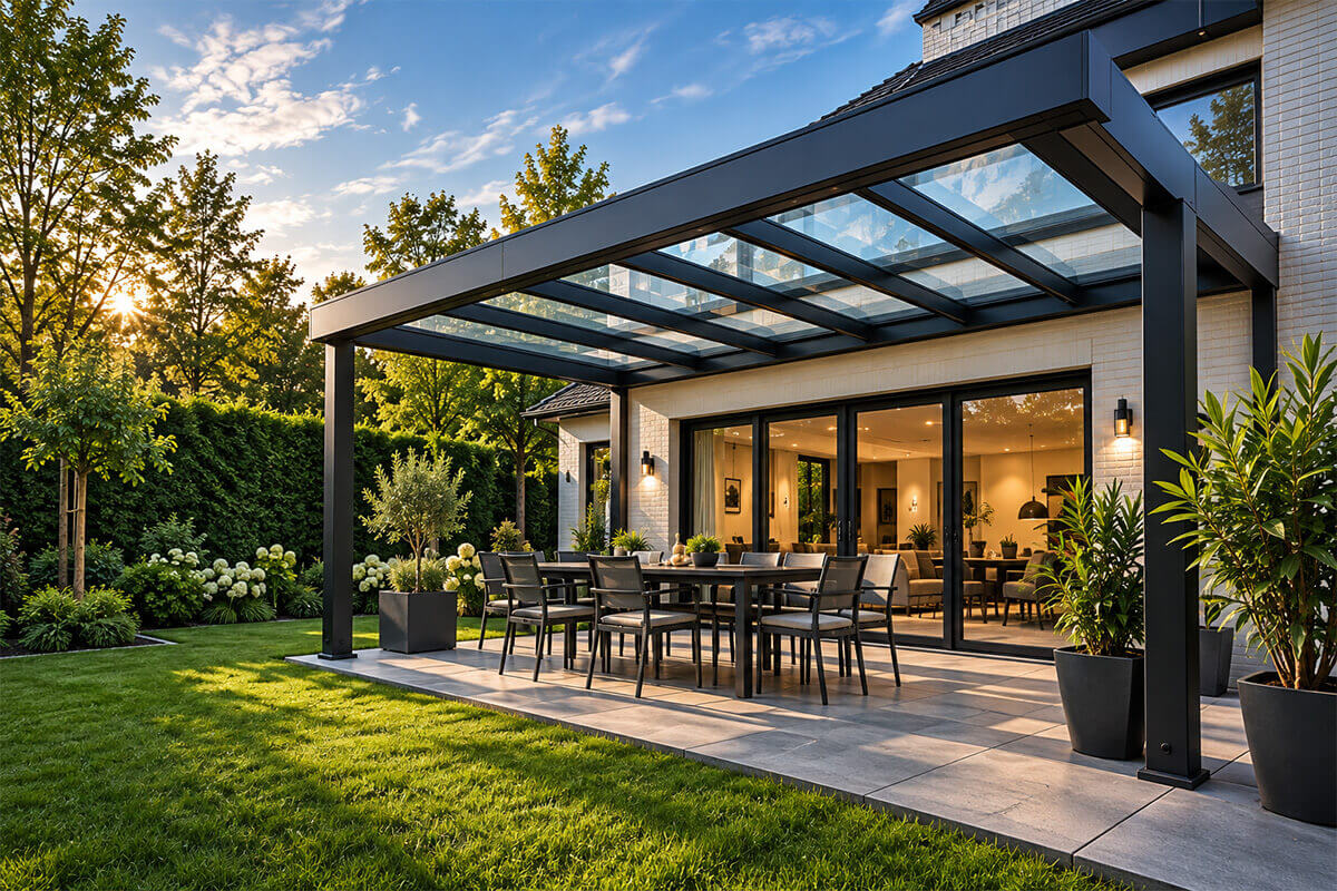 Terrassenüberdachung mit Glasdach Moderne Terrassenüberdachung aus Aluminium und Glas