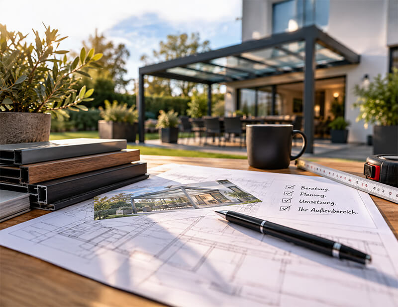 Außenbereich von GAD Systeme Moderne Terrasse mit Überdachung und gepflegtem Außenbereich
