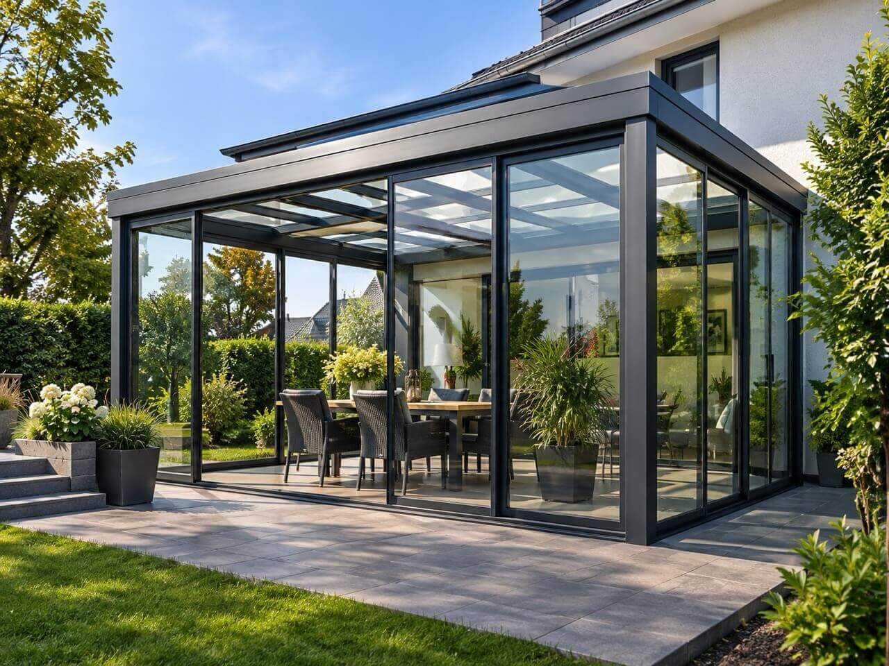 Moderner Kaltwintergarten mit großen Glasflächen