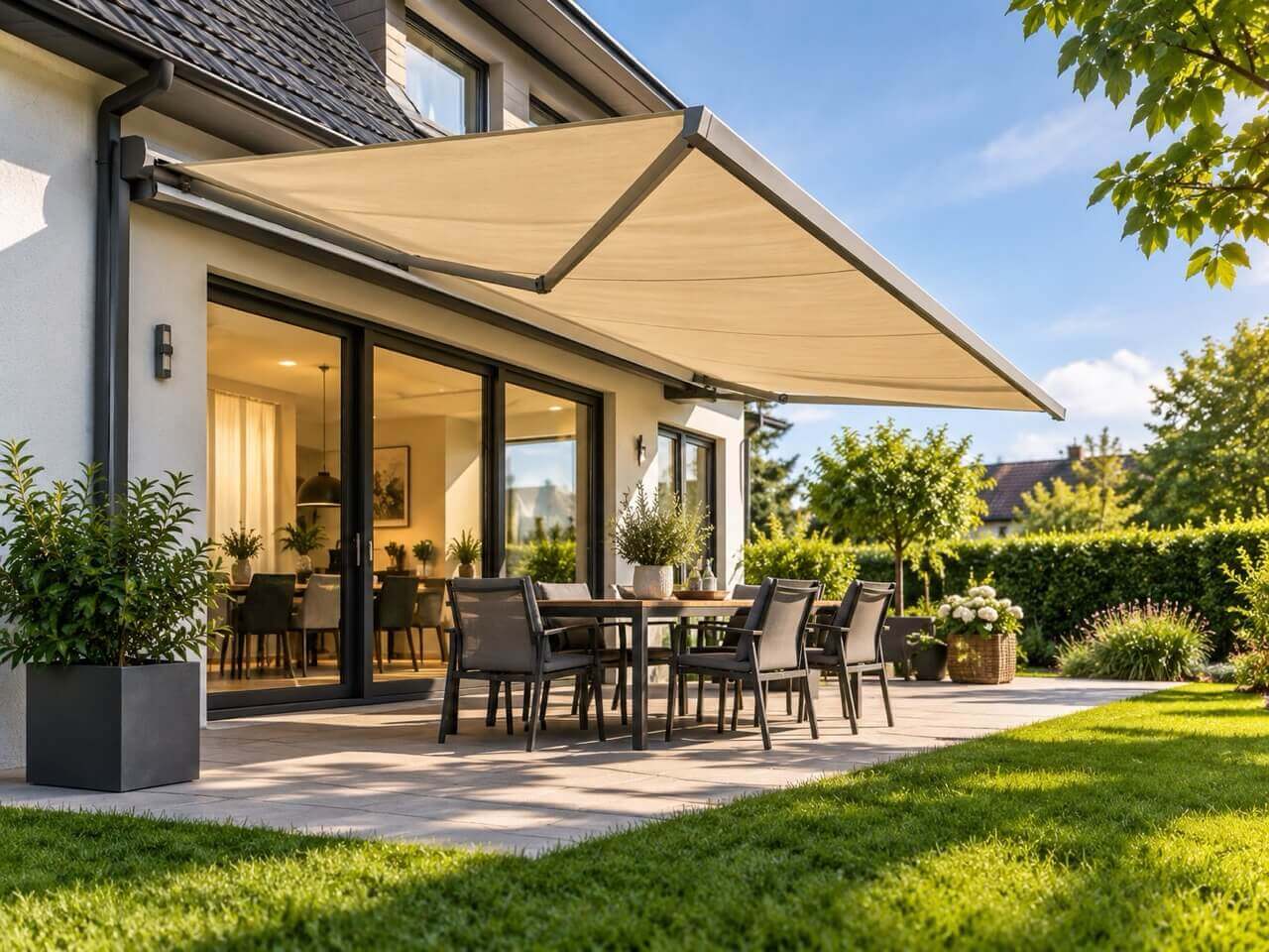 Große Markise als Sonnenschutz über einer Terrasse