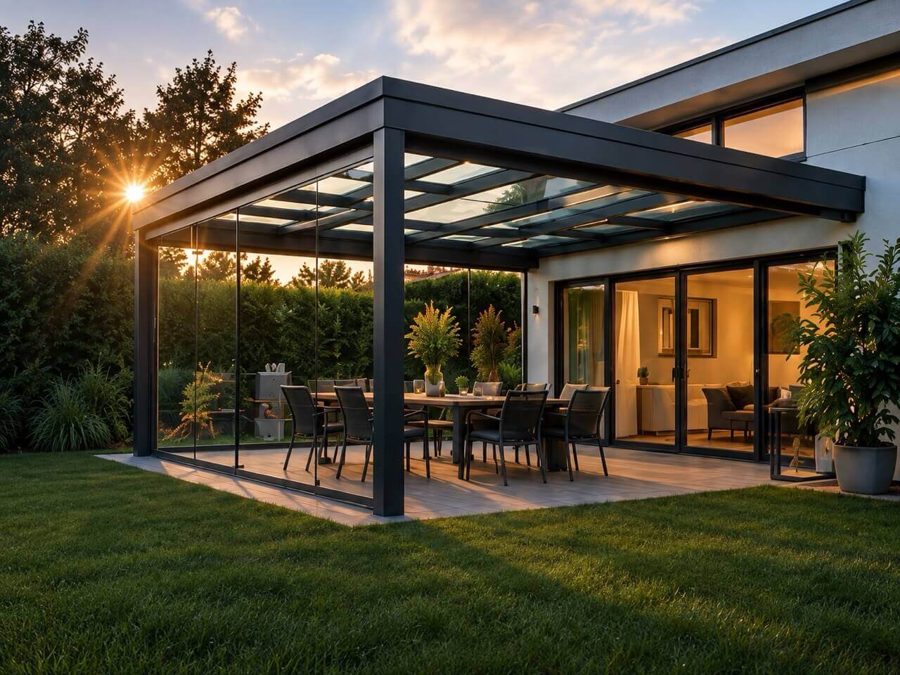 Moderne Terrassenüberdachung mit Glasdach im Garten